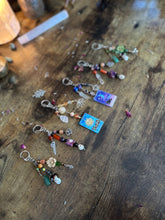 Load image into Gallery viewer, Forest Guardian Crystal Keychain - Aventurine, Fluorite, Amazonite &amp; Pinecone Charm
